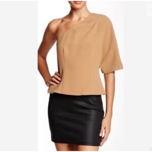 L.a.m.b women camel one shoulder blouse sz 4 short sleeve asymmetry neck top